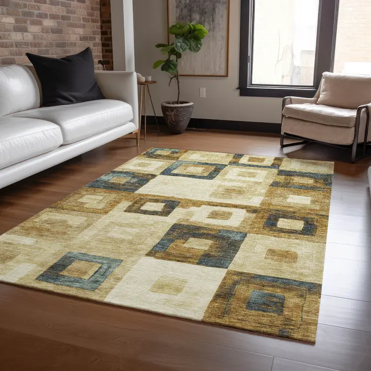9' X 12' Beige Gold And Denim Blue Geometric Washable Indoor Outdoor Area Rug