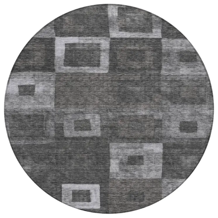 8' Black And Gray Round Geometric Washable Indoor Outdoor Area Rug