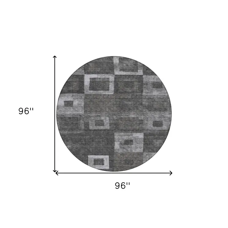 8' Black And Gray Round Geometric Washable Indoor Outdoor Area Rug
