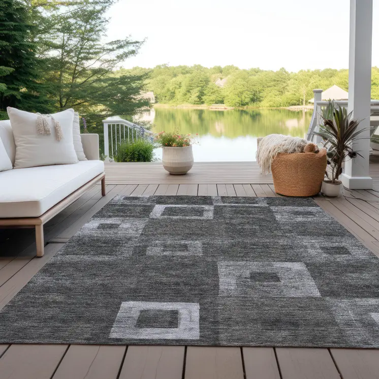 8' X 10' Black And Gray Geometric Washable Indoor Outdoor Area Rug