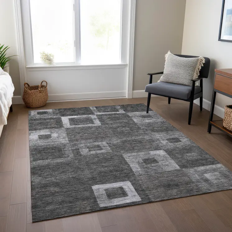 8' X 10' Black And Gray Geometric Washable Indoor Outdoor Area Rug