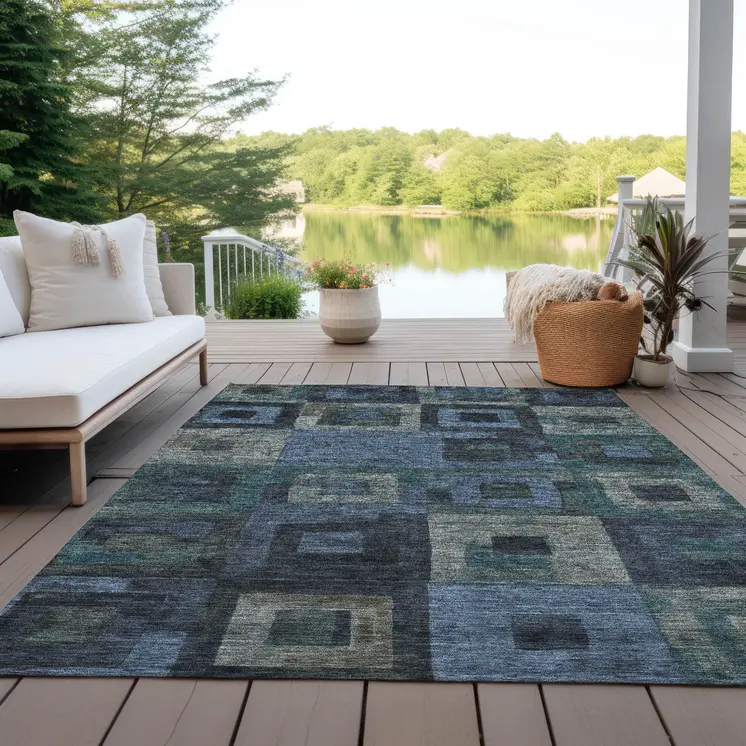 3' X 5' Blue Gray And Charcoal Geometric Washable Indoor Outdoor Area Rug