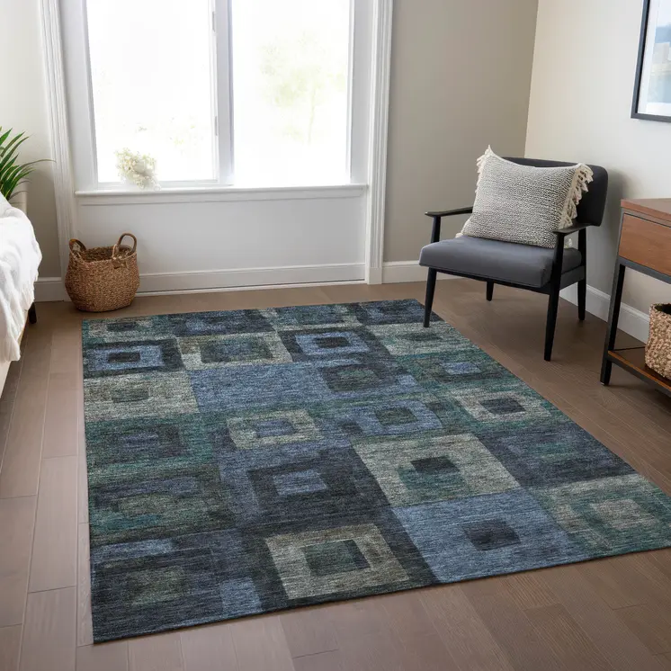 3' X 5' Blue Gray And Charcoal Geometric Washable Indoor Outdoor Area Rug