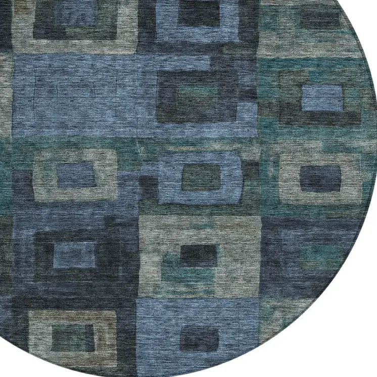 8' Blue Gray And Charcoal Round Geometric Washable Indoor Outdoor Area Rug