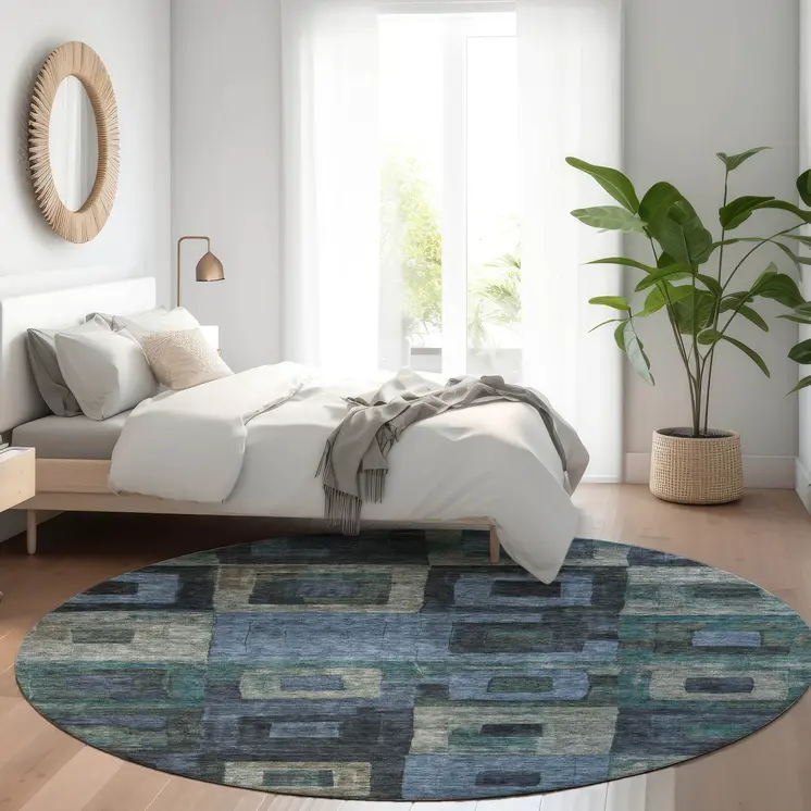 8' Blue Gray And Charcoal Round Geometric Washable Indoor Outdoor Area Rug