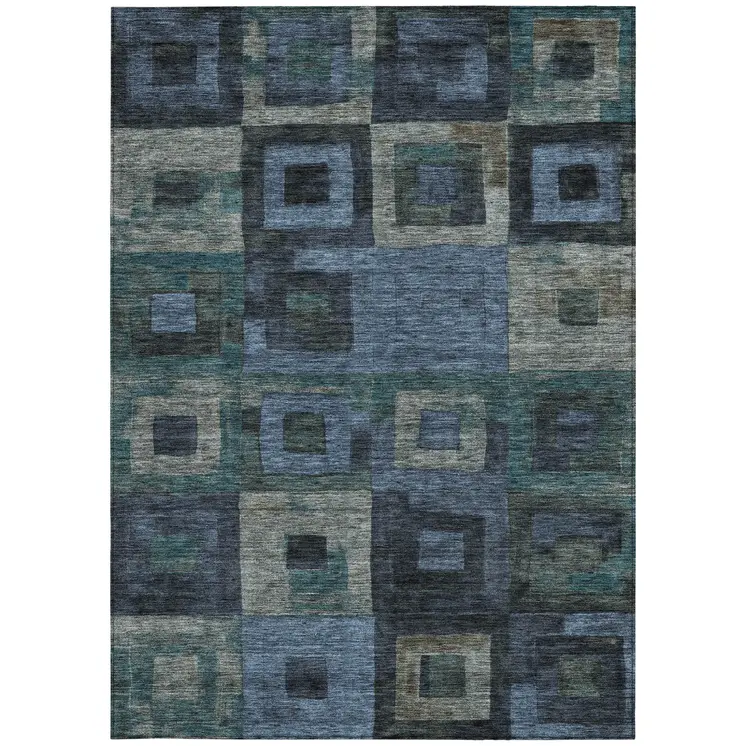 9' X 12' Blue Gray And Charcoal Geometric Washable Indoor Outdoor Area Rug