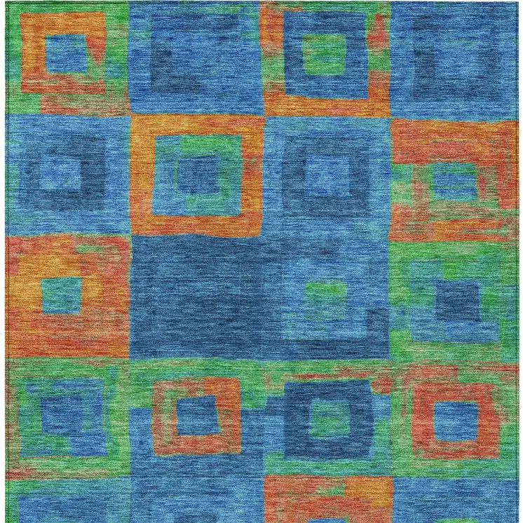 3' X 5' Denim Blue Green And Copper Geometric Washable Indoor Outdoor Area Rug
