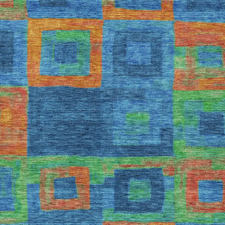 3' X 5' Denim Blue Green And Copper Geometric Washable Indoor Outdoor Area Rug