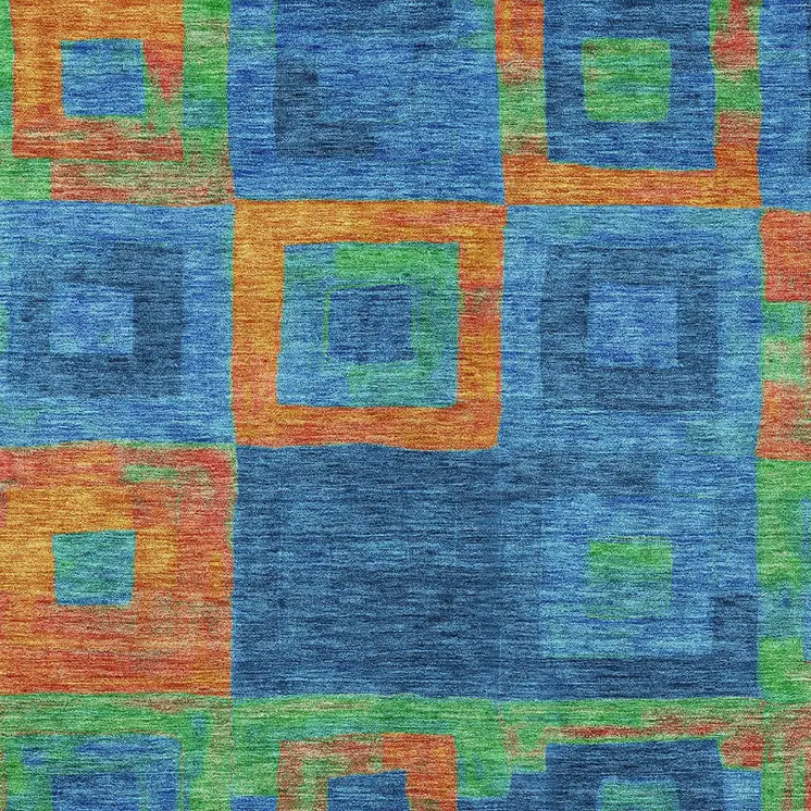 5' X 8' Denim Blue Green And Copper Geometric Washable Indoor Outdoor Area Rug