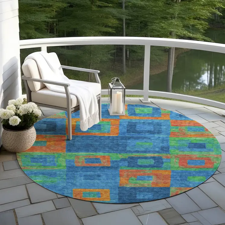 8' Denim Blue Green And Copper Round Geometric Washable Indoor Outdoor Area Rug