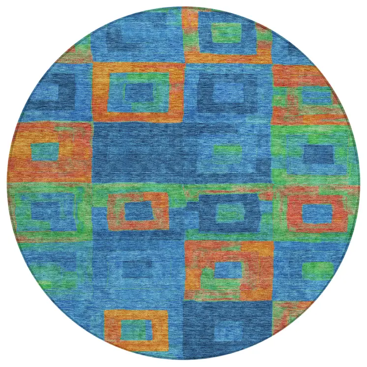 8' Denim Blue Green And Copper Round Geometric Washable Indoor Outdoor Area Rug