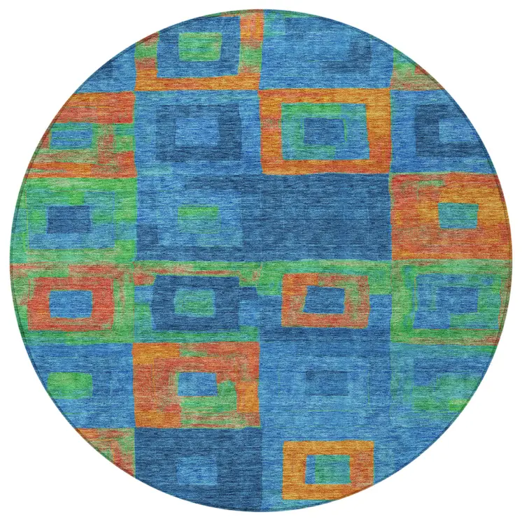 8' Denim Blue Green And Copper Round Geometric Washable Indoor Outdoor Area Rug