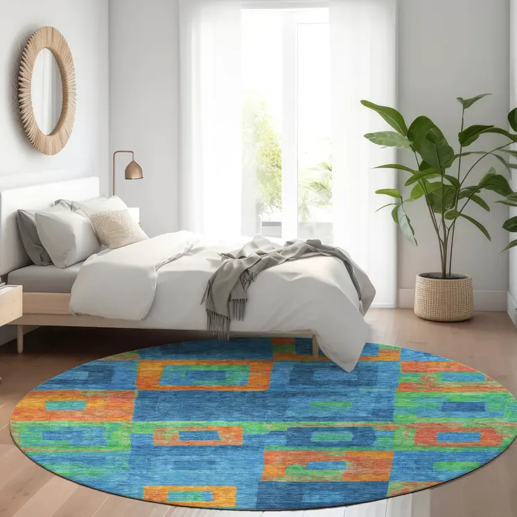 8' Denim Blue Green And Copper Round Geometric Washable Indoor Outdoor Area Rug