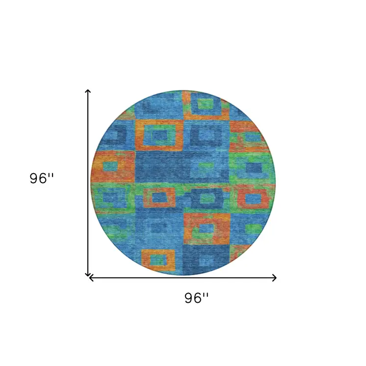 8' Denim Blue Green And Copper Round Geometric Washable Indoor Outdoor Area Rug