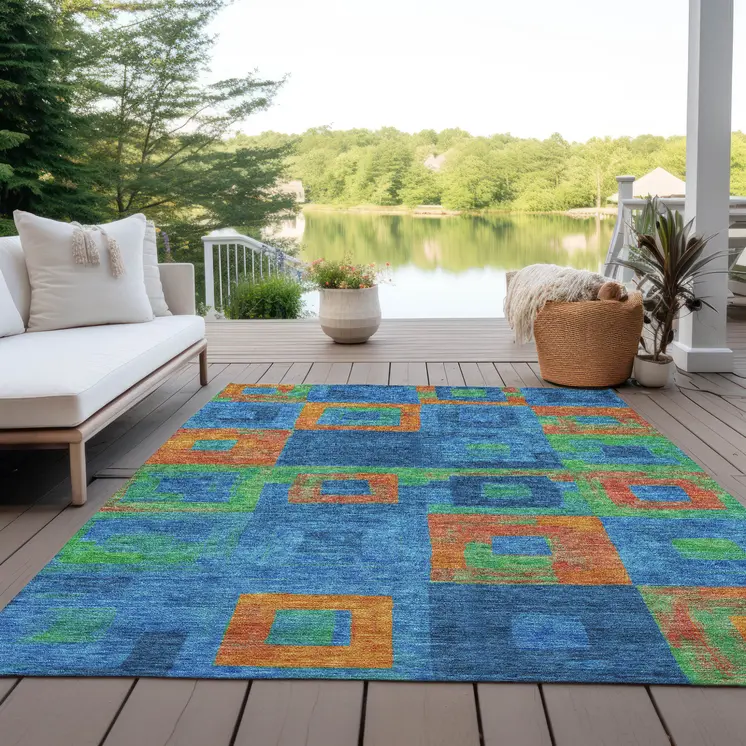 8' X 10' Denim Blue Green And Copper Geometric Washable Indoor Outdoor Area Rug