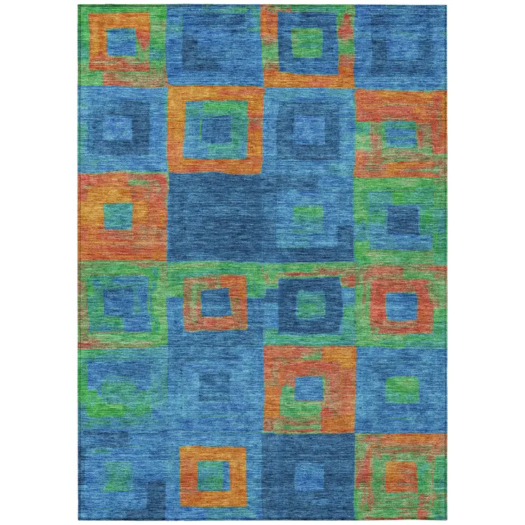 8' X 10' Denim Blue Green And Copper Geometric Washable Indoor Outdoor Area Rug