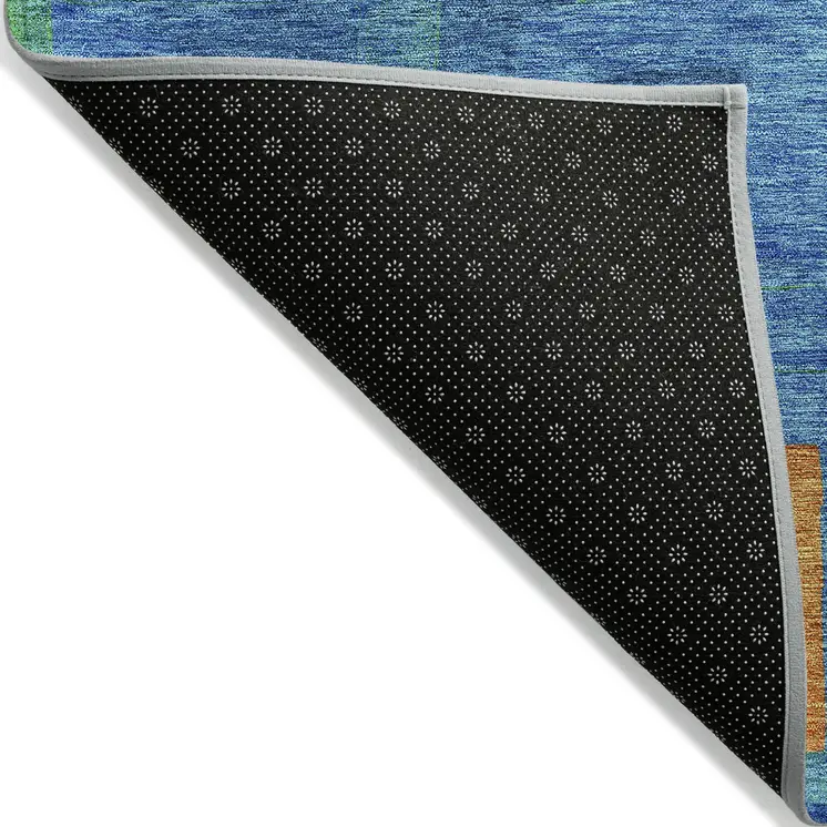 8' X 10' Denim Blue Green And Copper Geometric Washable Indoor Outdoor Area Rug