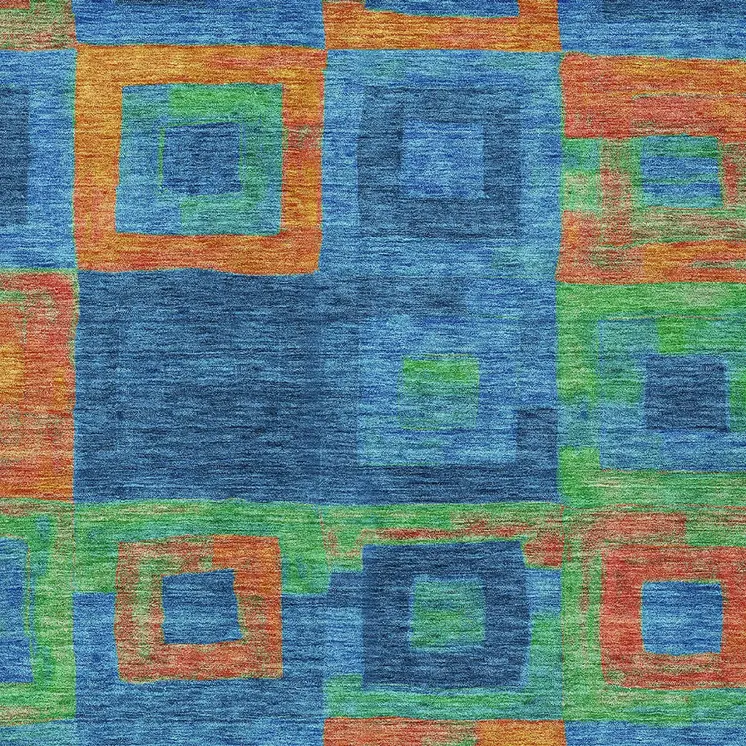 8' X 10' Denim Blue Green And Copper Geometric Washable Indoor Outdoor Area Rug