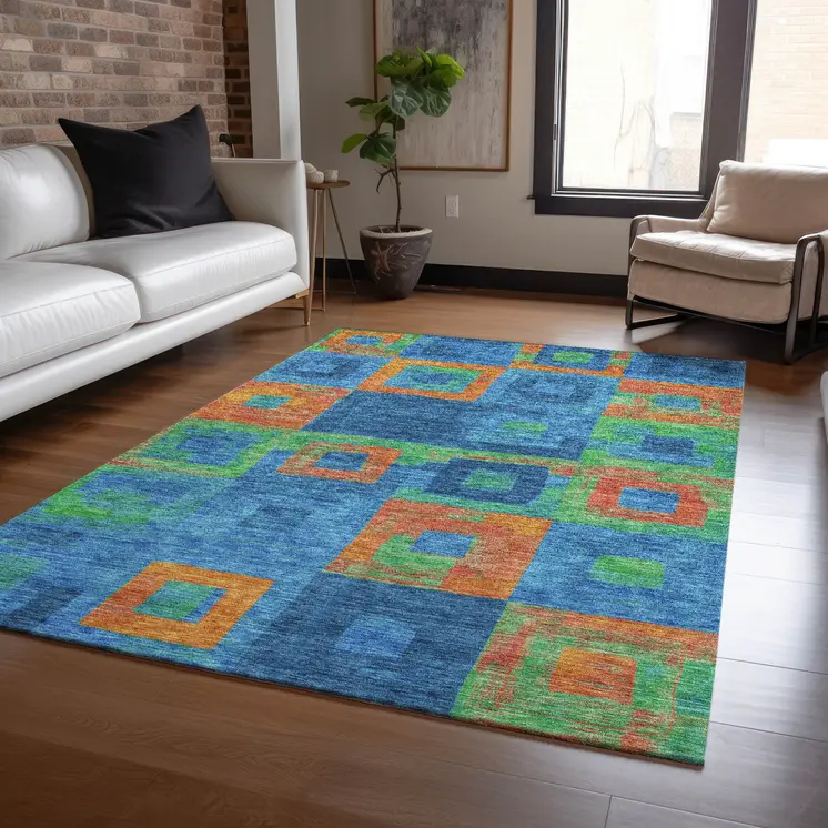 8' X 10' Denim Blue Green And Copper Geometric Washable Indoor Outdoor Area Rug