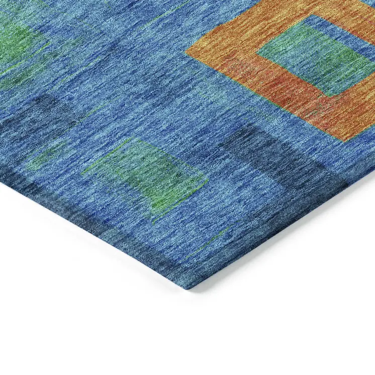 10' X 14' Denim Blue Green And Copper Geometric Washable Indoor Outdoor Area Rug