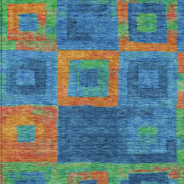 10' X 14' Denim Blue Green And Copper Geometric Washable Indoor Outdoor Area Rug