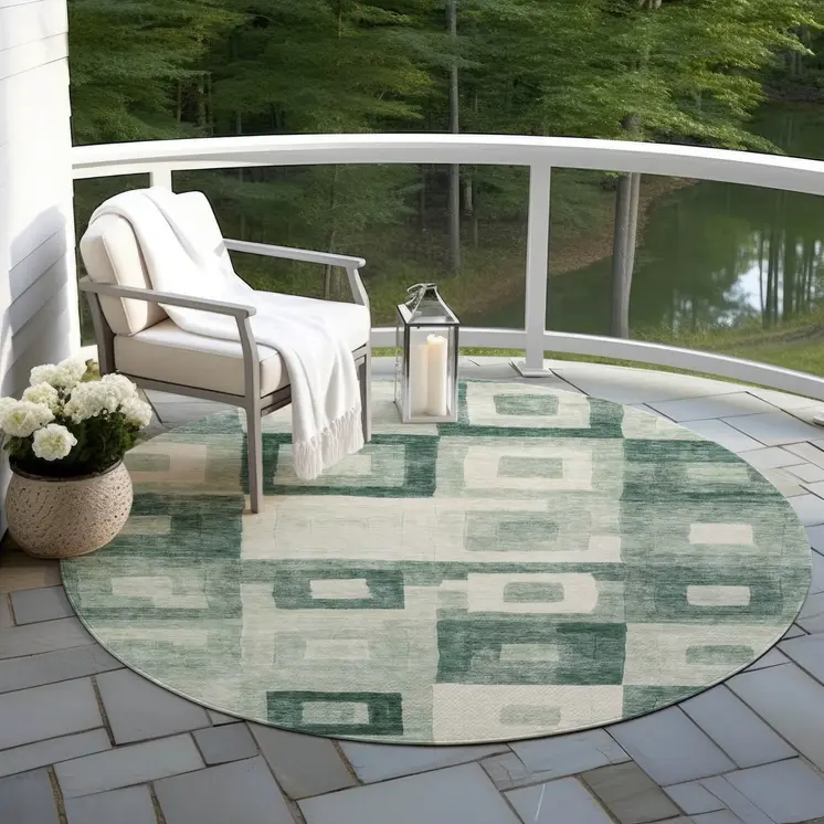 8' Green And Ivory Round Geometric Washable Indoor Outdoor Area Rug