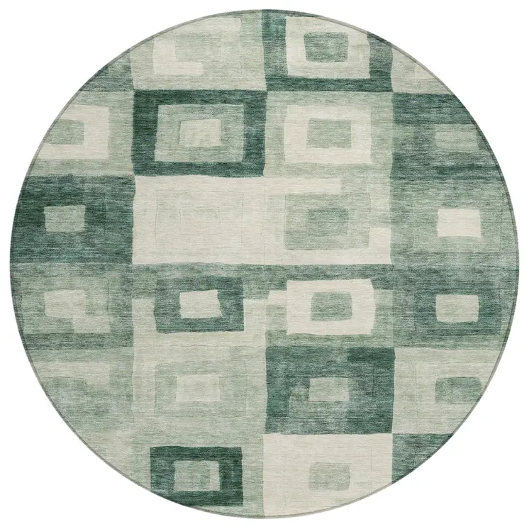 8' Green And Ivory Round Geometric Washable Indoor Outdoor Area Rug
