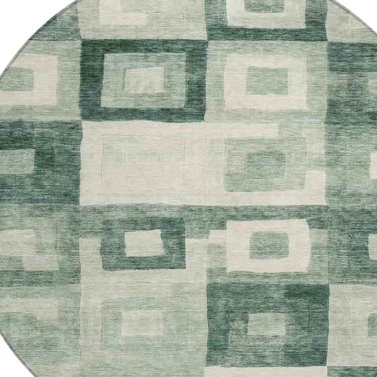 8' Green And Ivory Round Geometric Washable Indoor Outdoor Area Rug