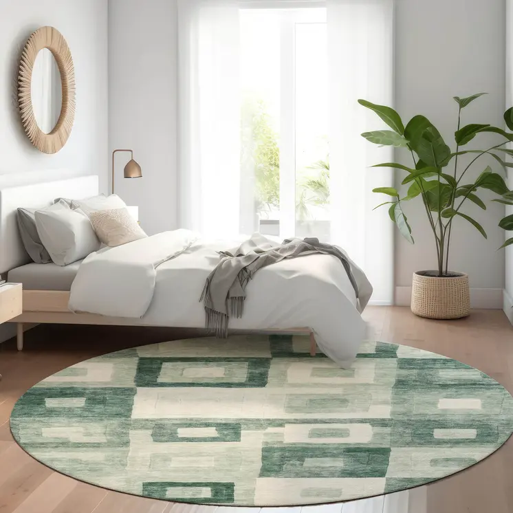 8' Green And Ivory Round Geometric Washable Indoor Outdoor Area Rug