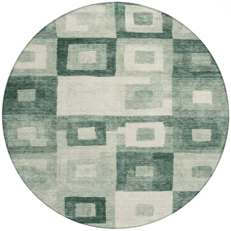 8' Green And Ivory Round Geometric Washable Indoor Outdoor Area Rug