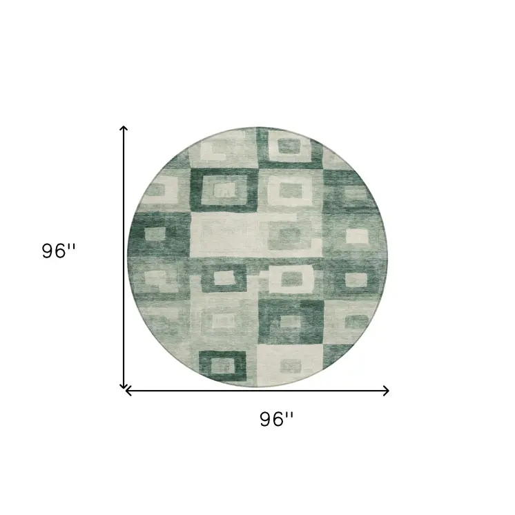 8' Green And Ivory Round Geometric Washable Indoor Outdoor Area Rug