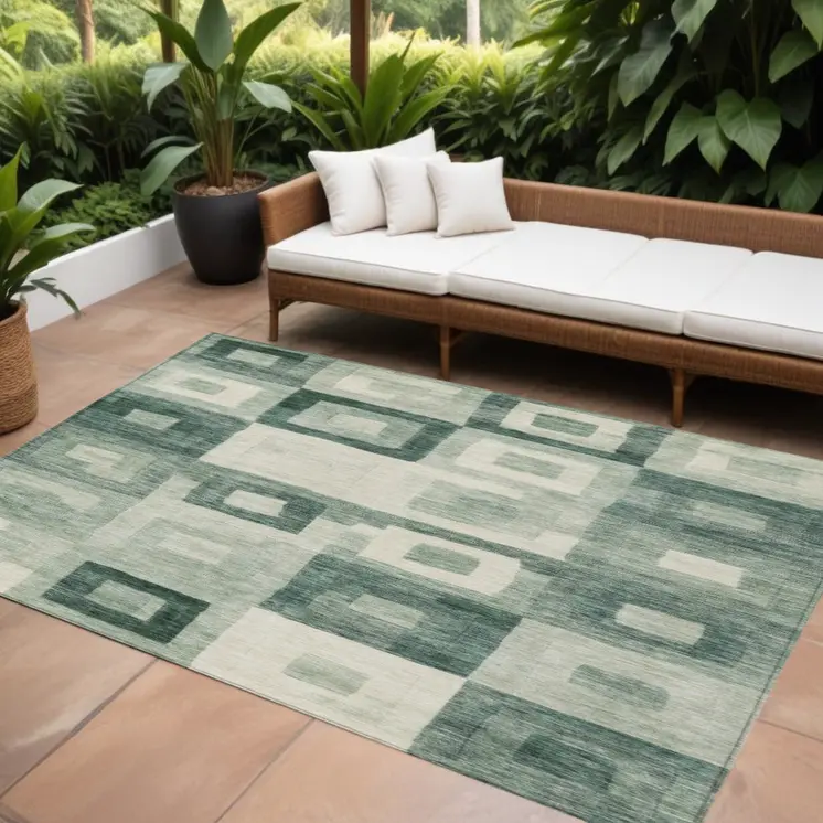8' X 10' Green And Ivory Geometric Washable Indoor Outdoor Area Rug