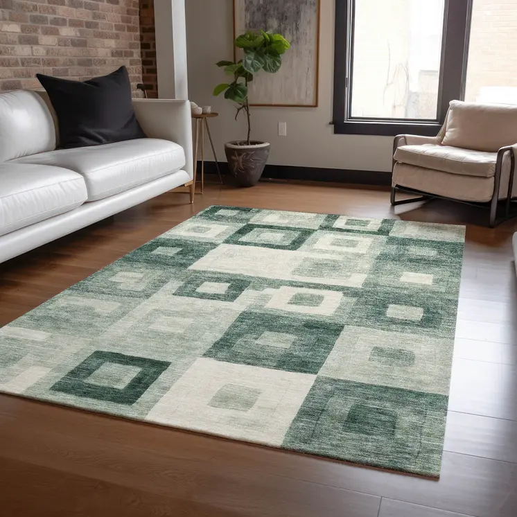 8' X 10' Green And Ivory Geometric Washable Indoor Outdoor Area Rug