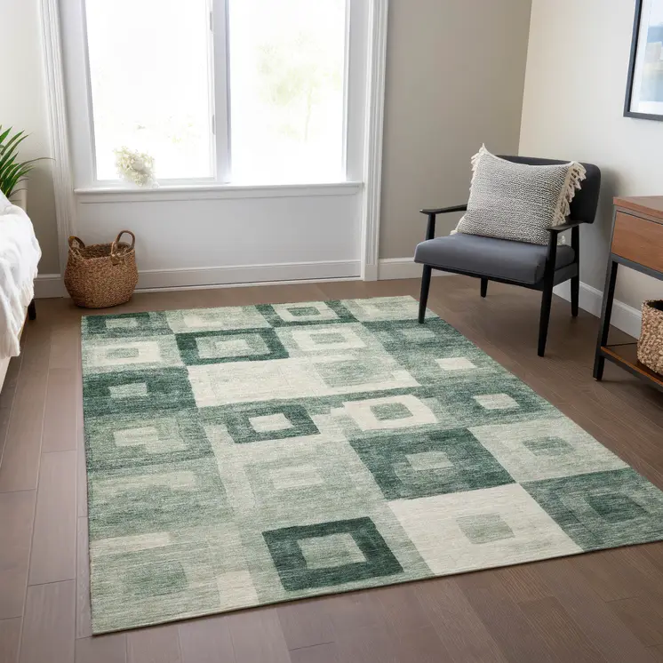 8' X 10' Green And Ivory Geometric Washable Indoor Outdoor Area Rug