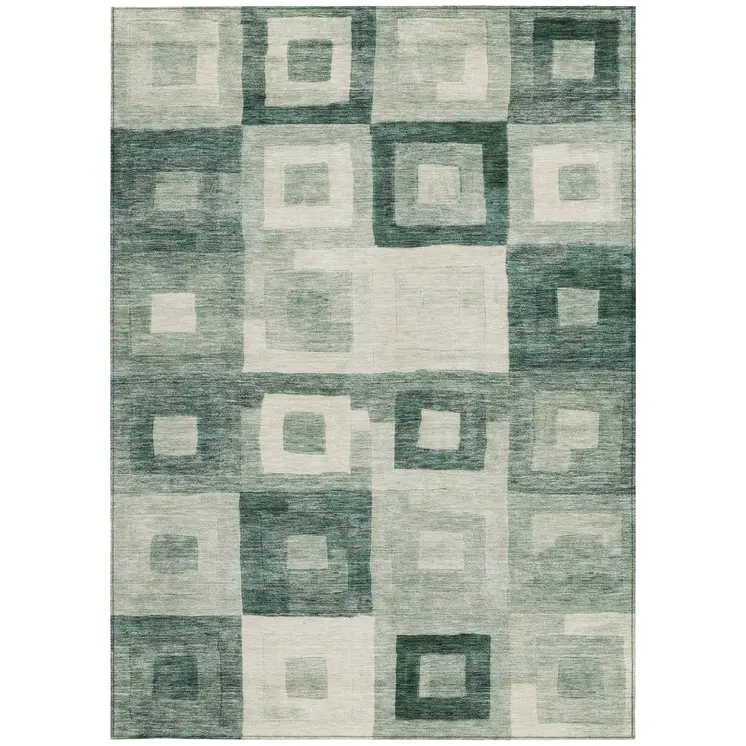9' X 12' Green And Ivory Geometric Washable Indoor Outdoor Area Rug