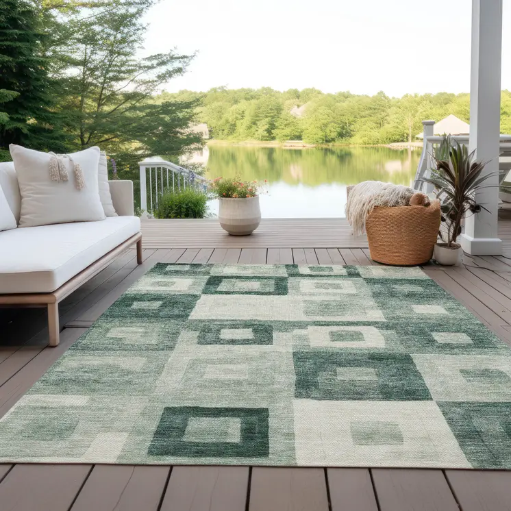 9' X 12' Green And Ivory Geometric Washable Indoor Outdoor Area Rug