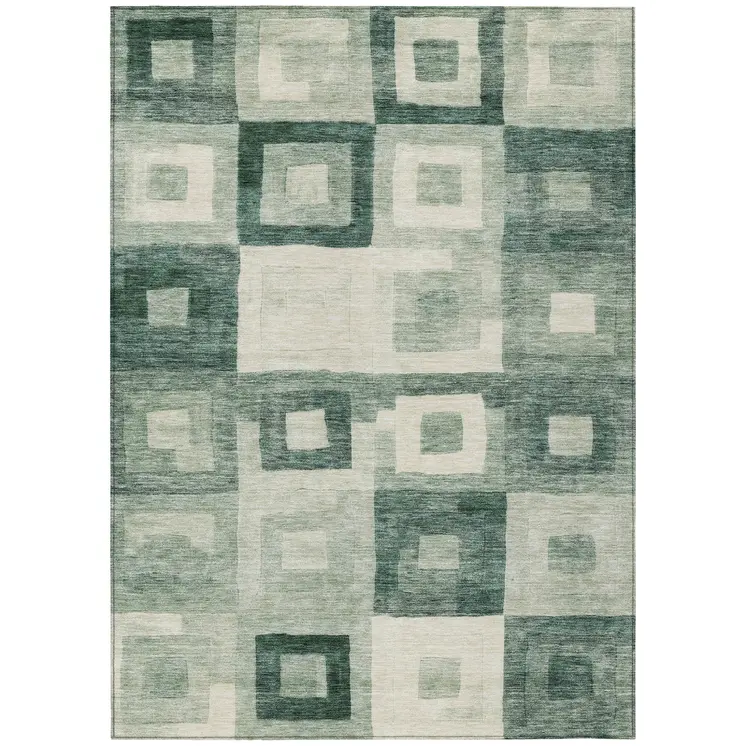 9' X 12' Green And Ivory Geometric Washable Indoor Outdoor Area Rug