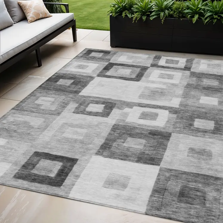 5' X 8' Gray And Charcoal Geometric Washable Indoor Outdoor Area Rug