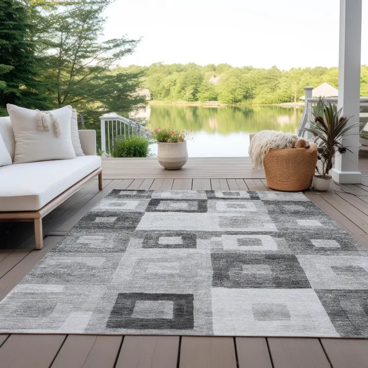 5' X 8' Gray And Charcoal Geometric Washable Indoor Outdoor Area Rug
