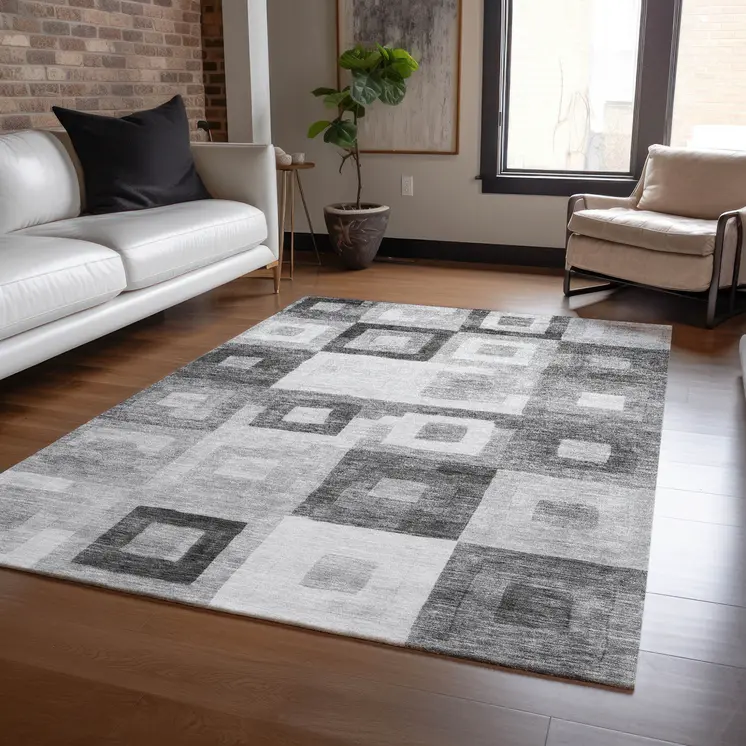 5' X 8' Gray And Charcoal Geometric Washable Indoor Outdoor Area Rug