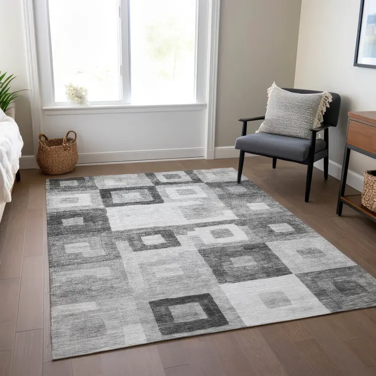 5' X 8' Gray And Charcoal Geometric Washable Indoor Outdoor Area Rug