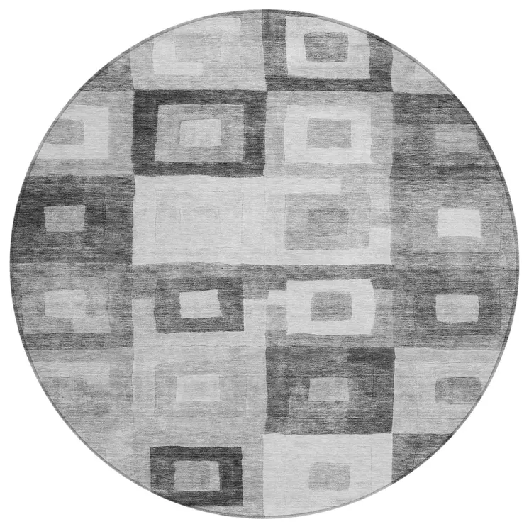 8' Gray And Charcoal Round Geometric Washable Indoor Outdoor Area Rug