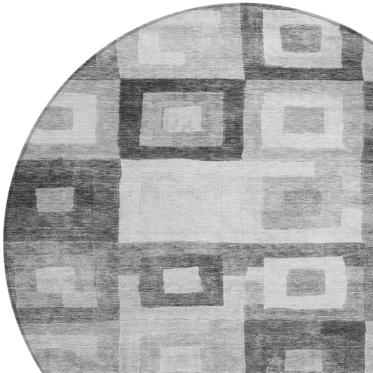 8' Gray And Charcoal Round Geometric Washable Indoor Outdoor Area Rug