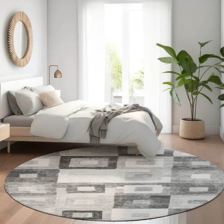 8' Gray And Charcoal Round Geometric Washable Indoor Outdoor Area Rug