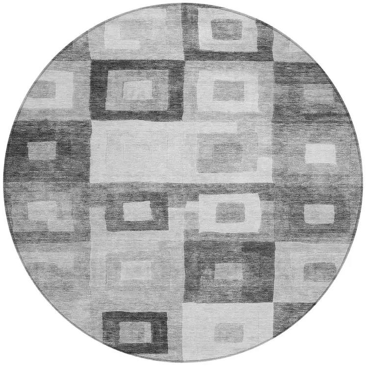 8' Gray And Charcoal Round Geometric Washable Indoor Outdoor Area Rug