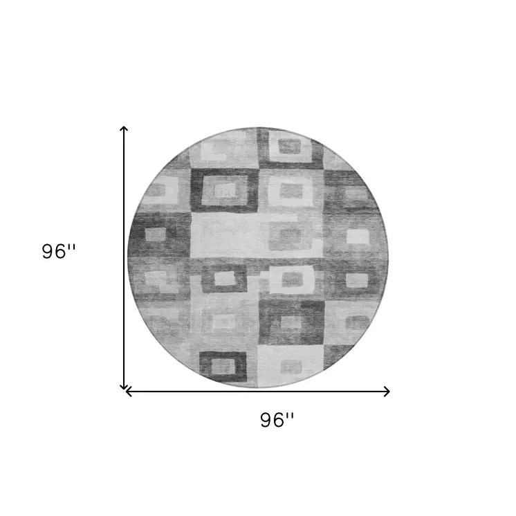 8' Gray And Charcoal Round Geometric Washable Indoor Outdoor Area Rug