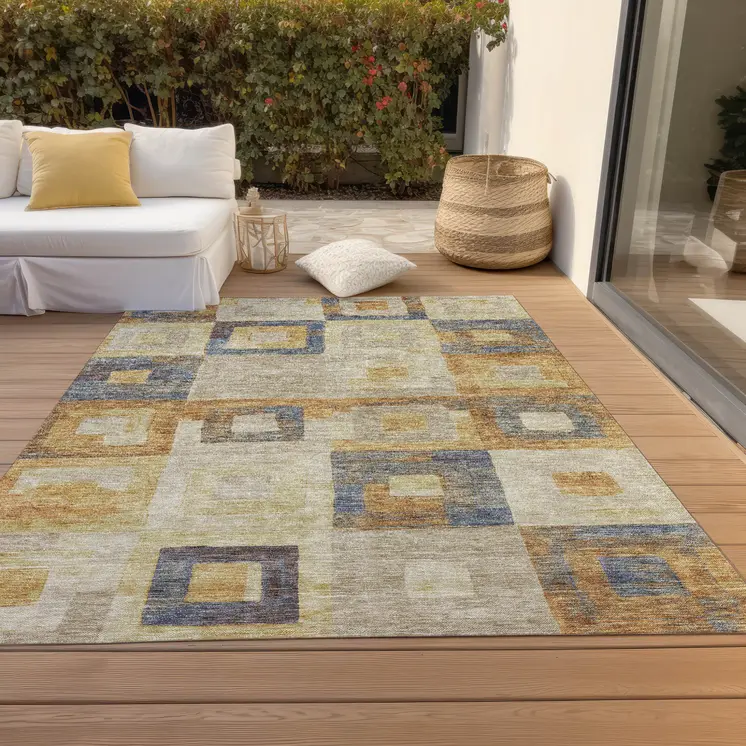 3' X 5' Linen Blue And Copper Geometric Washable Indoor Outdoor Area Rug