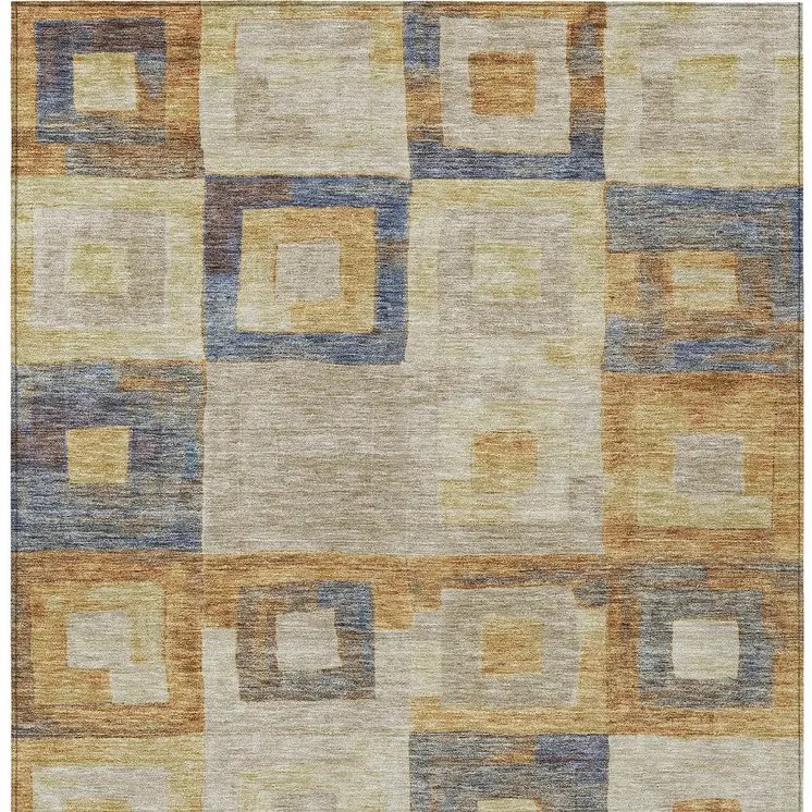 5' X 8' Linen Blue And Copper Geometric Washable Indoor Outdoor Area Rug
