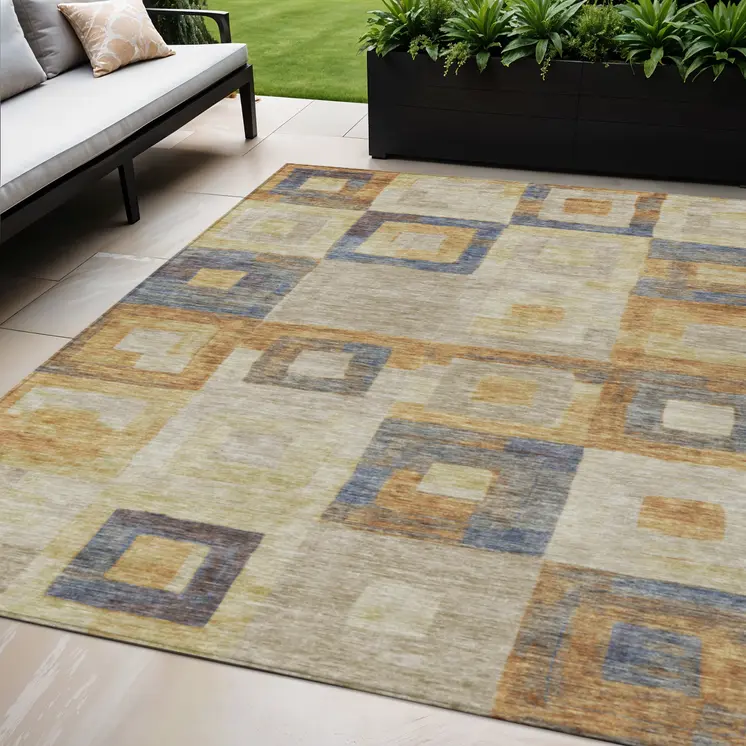 5' X 8' Linen Blue And Copper Geometric Washable Indoor Outdoor Area Rug