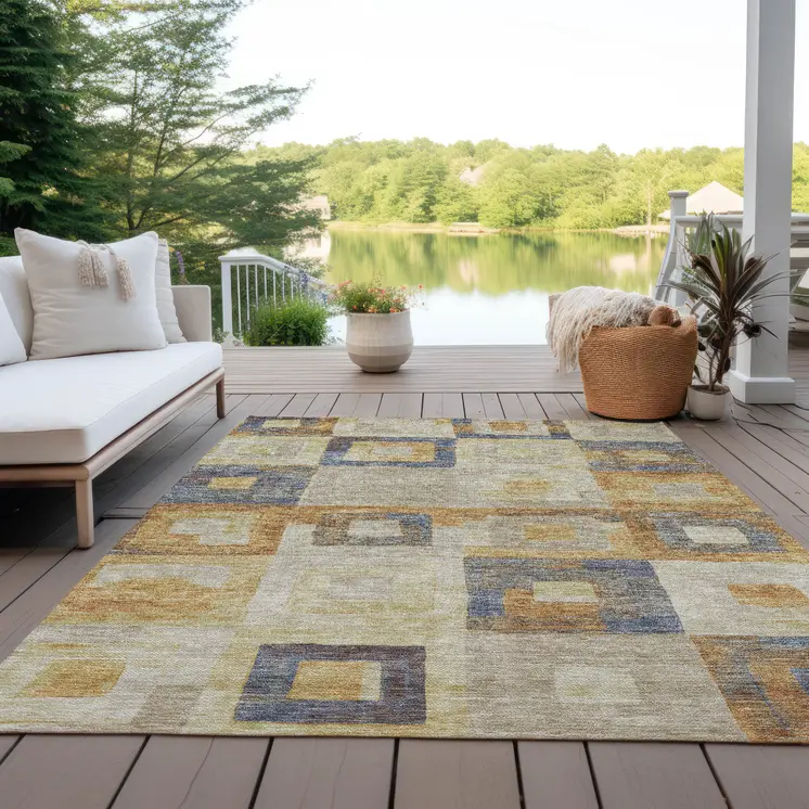 5' X 8' Linen Blue And Copper Geometric Washable Indoor Outdoor Area Rug